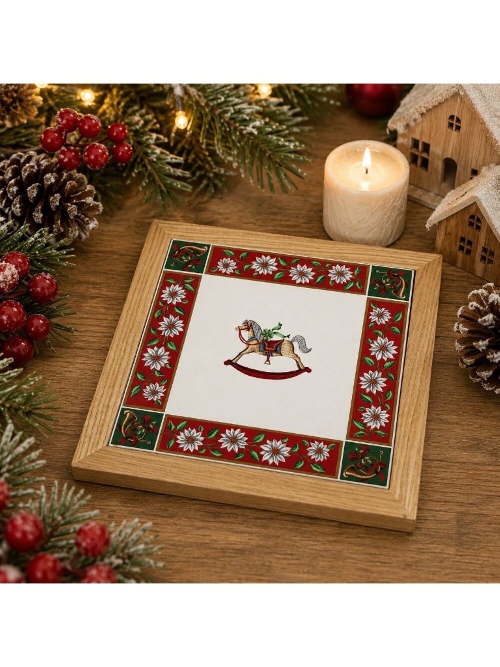 Kobe Charlton Hall Square Tile Wood Frame Trivet Rocking Horse Christmas Retired